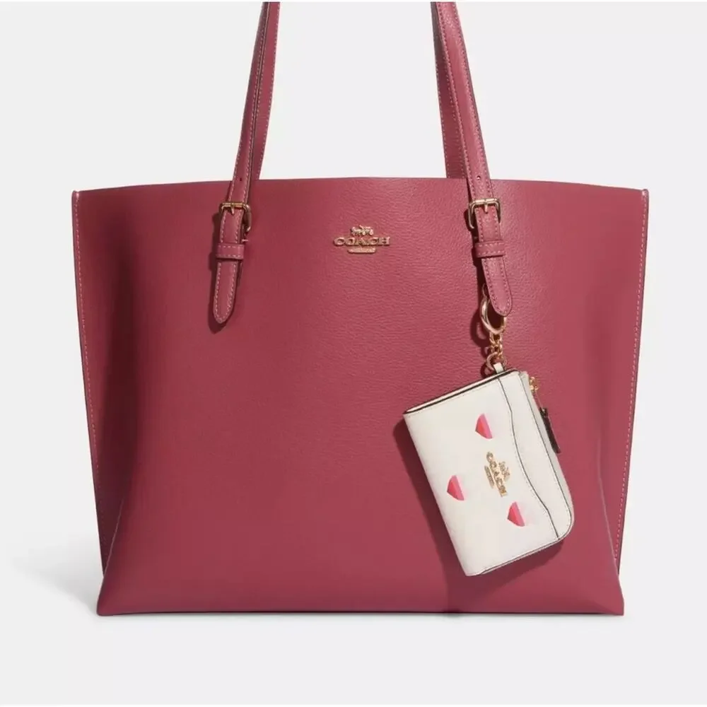 Coach Ivory Leather Zip Card Case with Pink Heart Motif